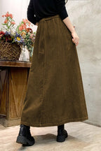 Chouyatou Women's Corduroy Maxi Skirt Elastic High Waist Drawstring Tie Front A-Line Pleated Long Skirt with Pockets
