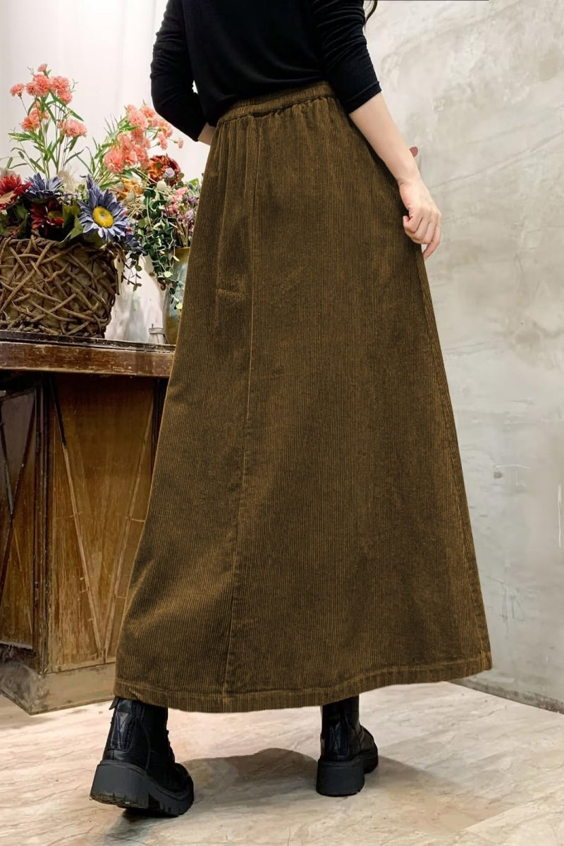 Chouyatou Women's Corduroy Maxi Skirt Elastic High Waist Drawstring Tie Front A-Line Pleated Long Skirt with Pockets