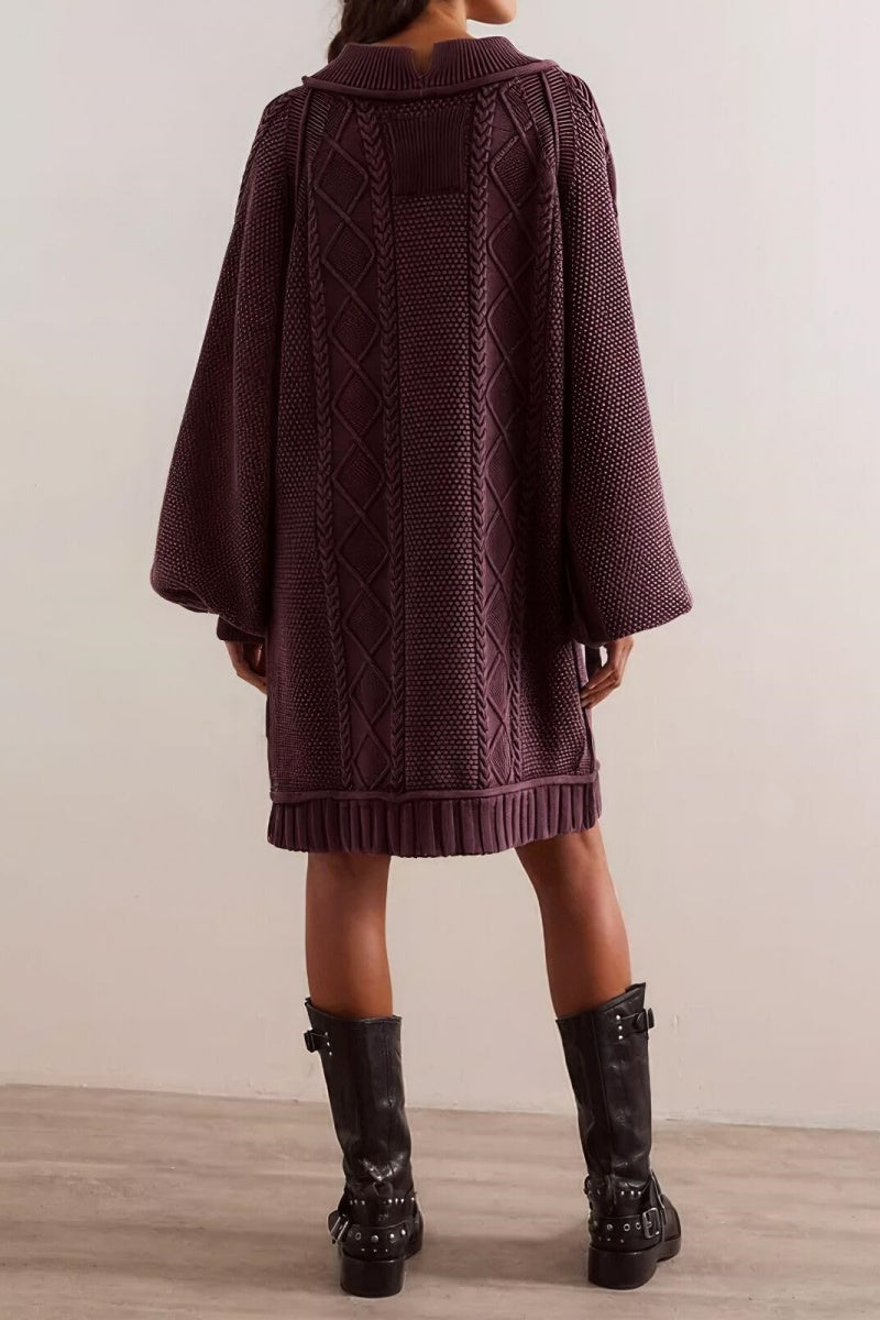 Chouyatou Women's Babydoll Cute Lantern Sleeve Sweater Mini Dress Woven Twisted Baggy Loose Cable Knit Sweater Pullover