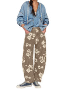 Chouyatou Women Y2k Distressed Barrel Jeans Baggy Wide Leg Jeans Floral Printed Boyfriend Patchwork Denim Pants