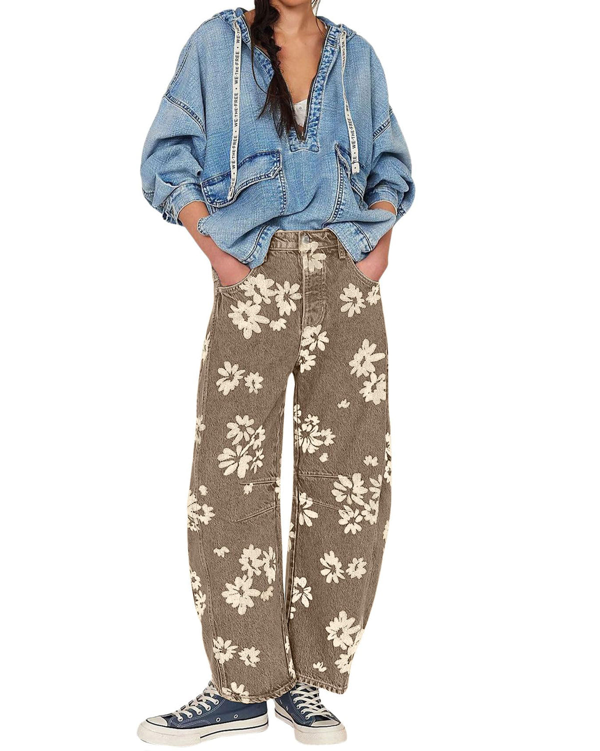Chouyatou Women Y2k Distressed Barrel Jeans Baggy Wide Leg Jeans Floral Printed Boyfriend Patchwork Denim Pants