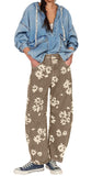 Chouyatou Women Y2k Distressed Barrel Jeans Baggy Wide Leg Jeans Floral Printed Boyfriend Patchwork Denim Pants