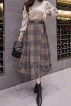 Chouyatou Women's Vintage Plaid Wool Blend Midi Skirt Houndstooth A Line Wool Long Skirt with Belt