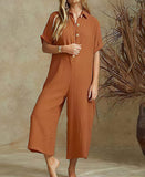 Chouyatou Womens Casual Button Down Rolled-Up Sleeve Jumpsuit Pants Summer Wide Leg Overall Rompers