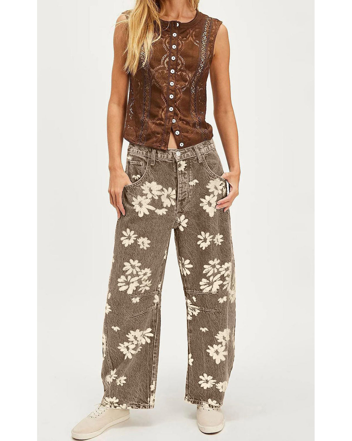 Chouyatou Women Y2k Distressed Barrel Jeans Baggy Wide Leg Jeans Floral Printed Boyfriend Patchwork Denim Pants