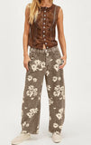 Chouyatou Women Y2k Distressed Barrel Jeans Baggy Wide Leg Jeans Floral Printed Boyfriend Patchwork Denim Pants