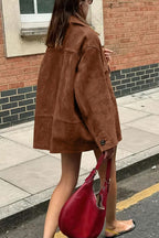 Chouyatou Women's Fall Boyfriend Faux Suede Leather Jacket Casual Midi Long Button Down Shacket Coat