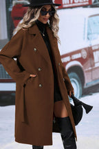 Chouyatou Womens Long Wool Pea Coat Notched Lapel Double Breasted Trench Coat Winter Warm Overcoat with Belt