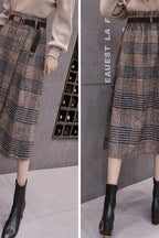 Chouyatou Women's Vintage Plaid Wool Blend Midi Skirt Houndstooth A Line Wool Long Skirt with Belt