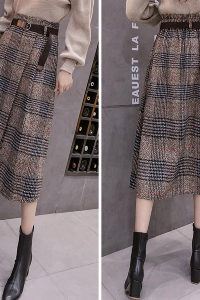 Chouyatou Women's Vintage Plaid Wool Blend Midi Skirt Houndstooth A Line Wool Long Skirt with Belt