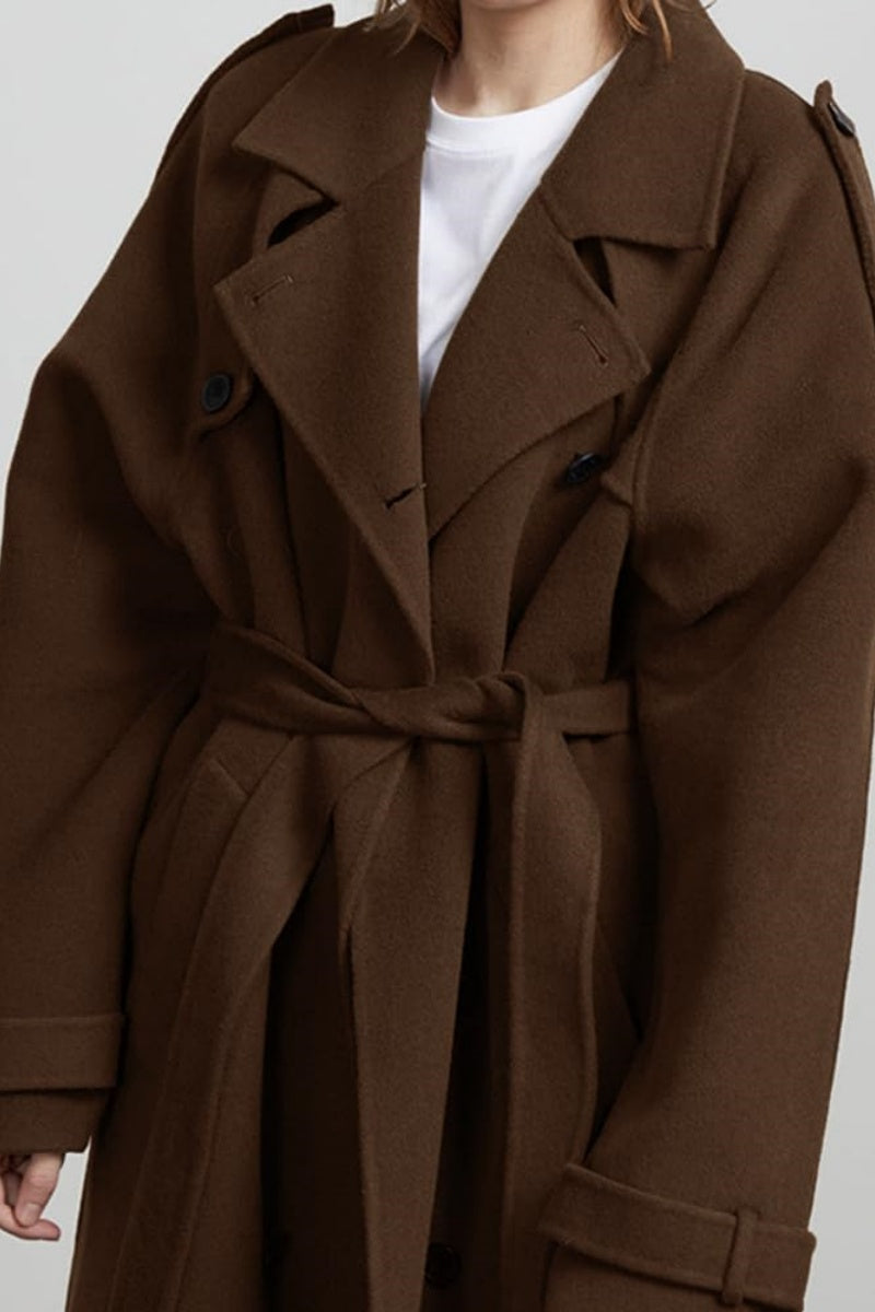 Chouyatou Women's Winter Double Breasted Wool Coat Long Sleeve Notch Lapel Midi Long Winter Trench Coat with Belt