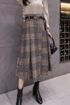 Chouyatou Women's Vintage Plaid Wool Blend Midi Skirt Houndstooth A Line Wool Long Skirt with Belt