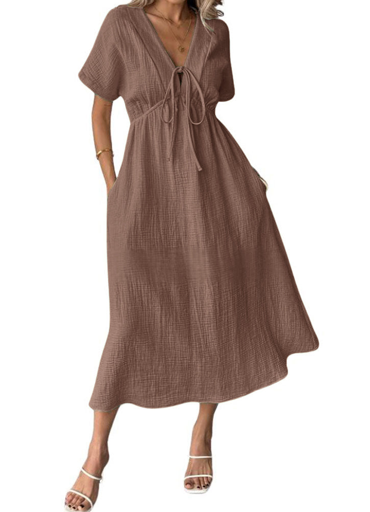Chouyatou Women's Summer Boho V-Neck Cotton Tunic Dress Casual Loose Short Sleeve Midi Long Beach Dress