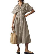 Chouyatou Women's Contrast Color Striped Shirt Dress Pleated Button Down Maxi Long Tunic Dress
