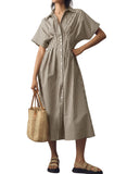 Chouyatou Women's Contrast Color Striped Shirt Dress Pleated Button Down Maxi Long Tunic Dress