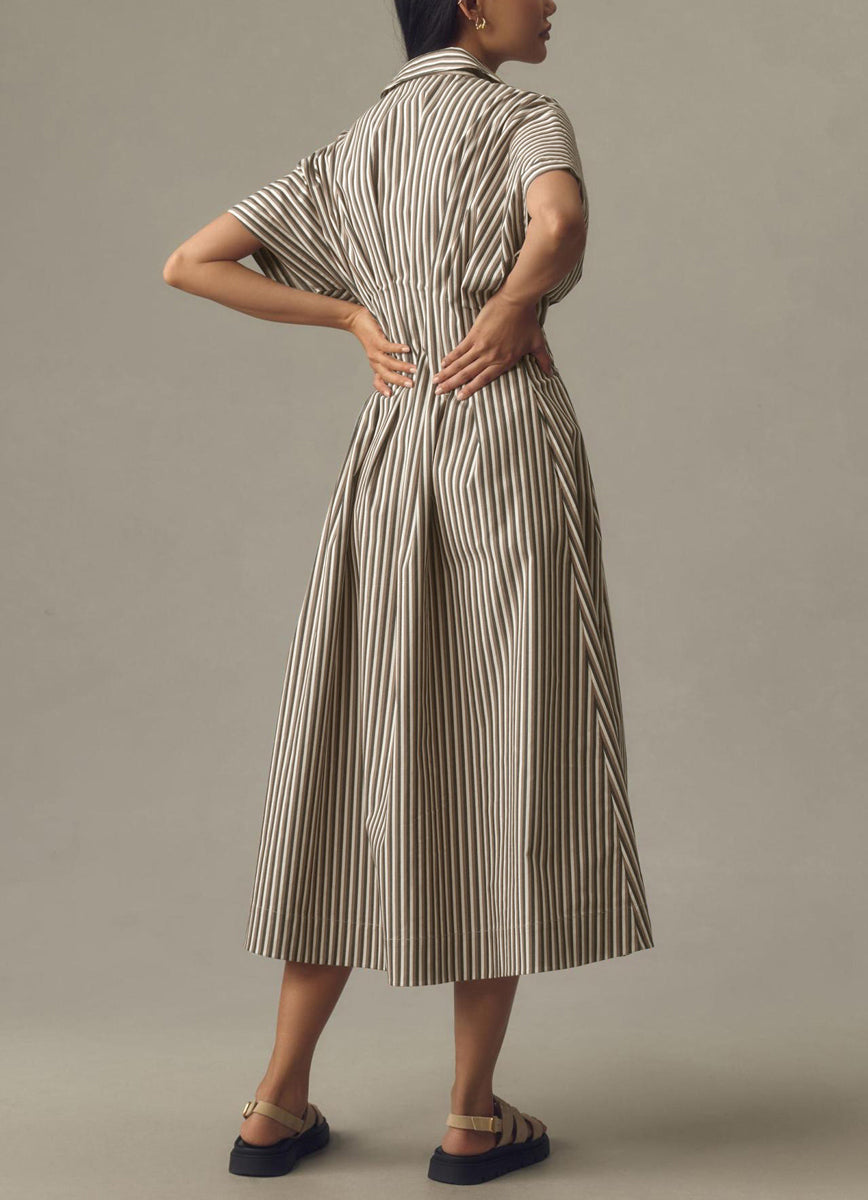 Chouyatou Women's Contrast Color Striped Shirt Dress Pleated Button Down Maxi Long Tunic Dress