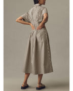 Chouyatou Women's Contrast Color Striped Shirt Dress Pleated Button Down Maxi Long Tunic Dress