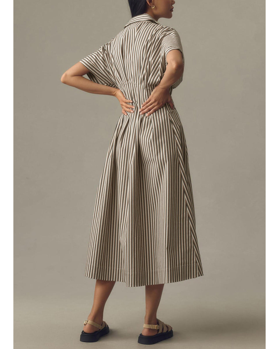 Chouyatou Women's Contrast Color Striped Shirt Dress Pleated Button Down Maxi Long Tunic Dress