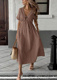 CHOUYATOU Women's Summer Boho V-Neck Cotton Tunic Dress Casual Loose Short Sleeve Midi Long Beach Dress