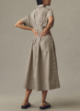 Chouyatou Women's Contrast Color Striped Shirt Dress Pleated Button Down Maxi Long Tunic Dress