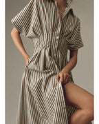 Chouyatou Women's Contrast Color Striped Shirt Dress Pleated Button Down Maxi Long Tunic Dress