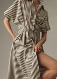 Chouyatou Women's Contrast Color Striped Shirt Dress Pleated Button Down Maxi Long Tunic Dress