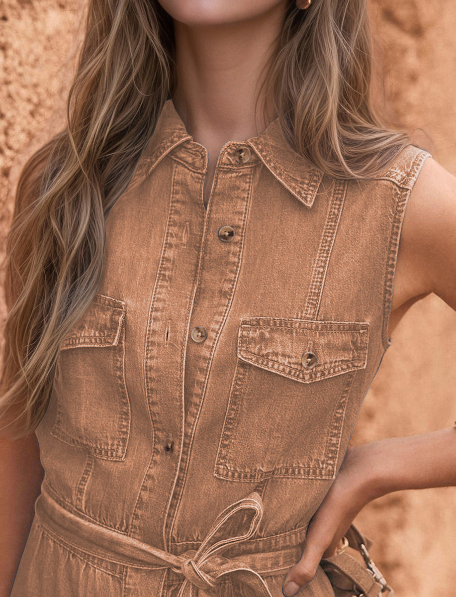 Chouyatou Women's Summer Button Down Denim Shirt Dress Business Casual Belted Sleeveless Midi Long Jean Dress