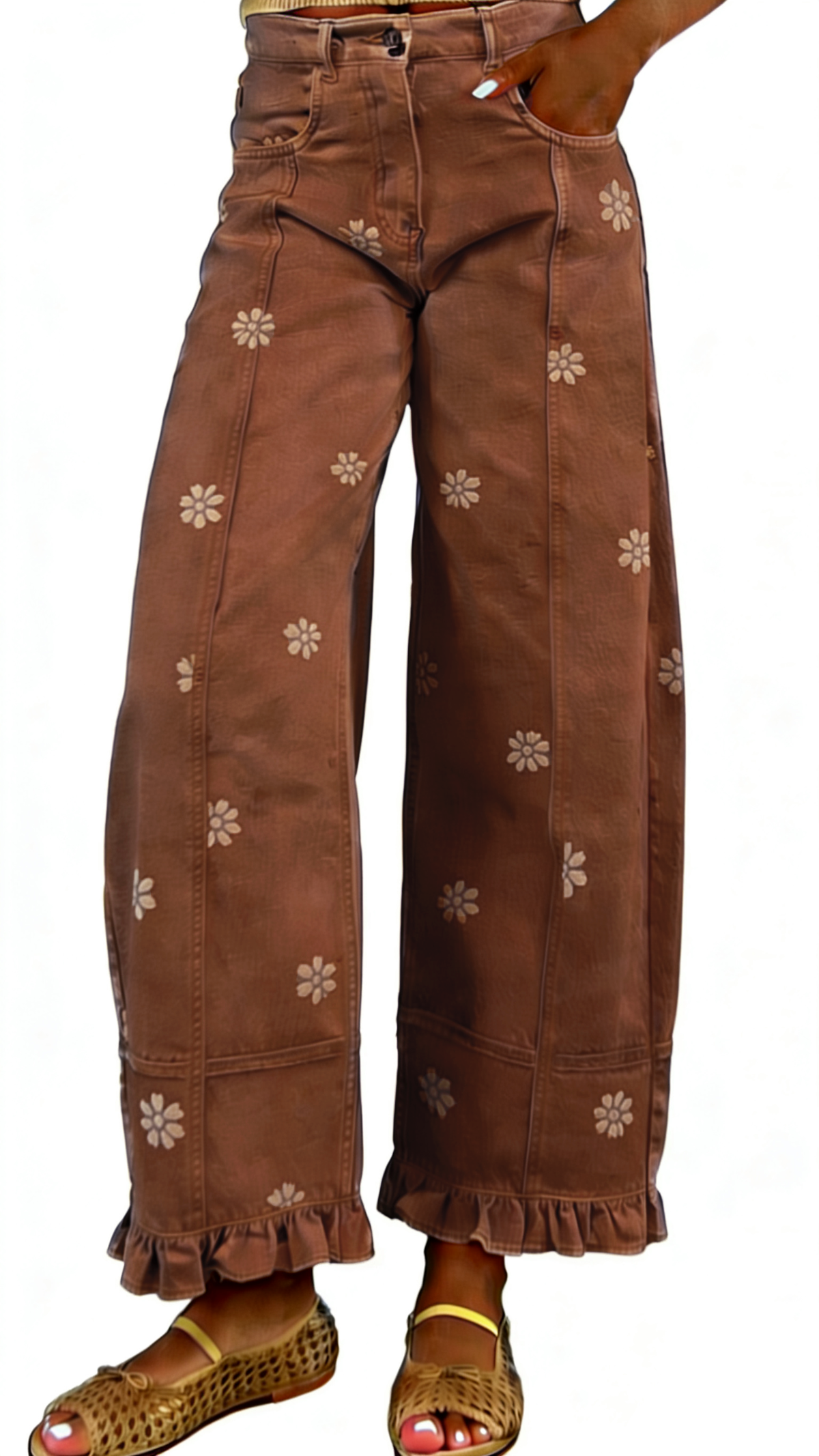Chouyatou Barrel Jeans Women Floral Print Wide Leg Jeans Y2k Patchwork Baggy Boyfriend Denim Pants