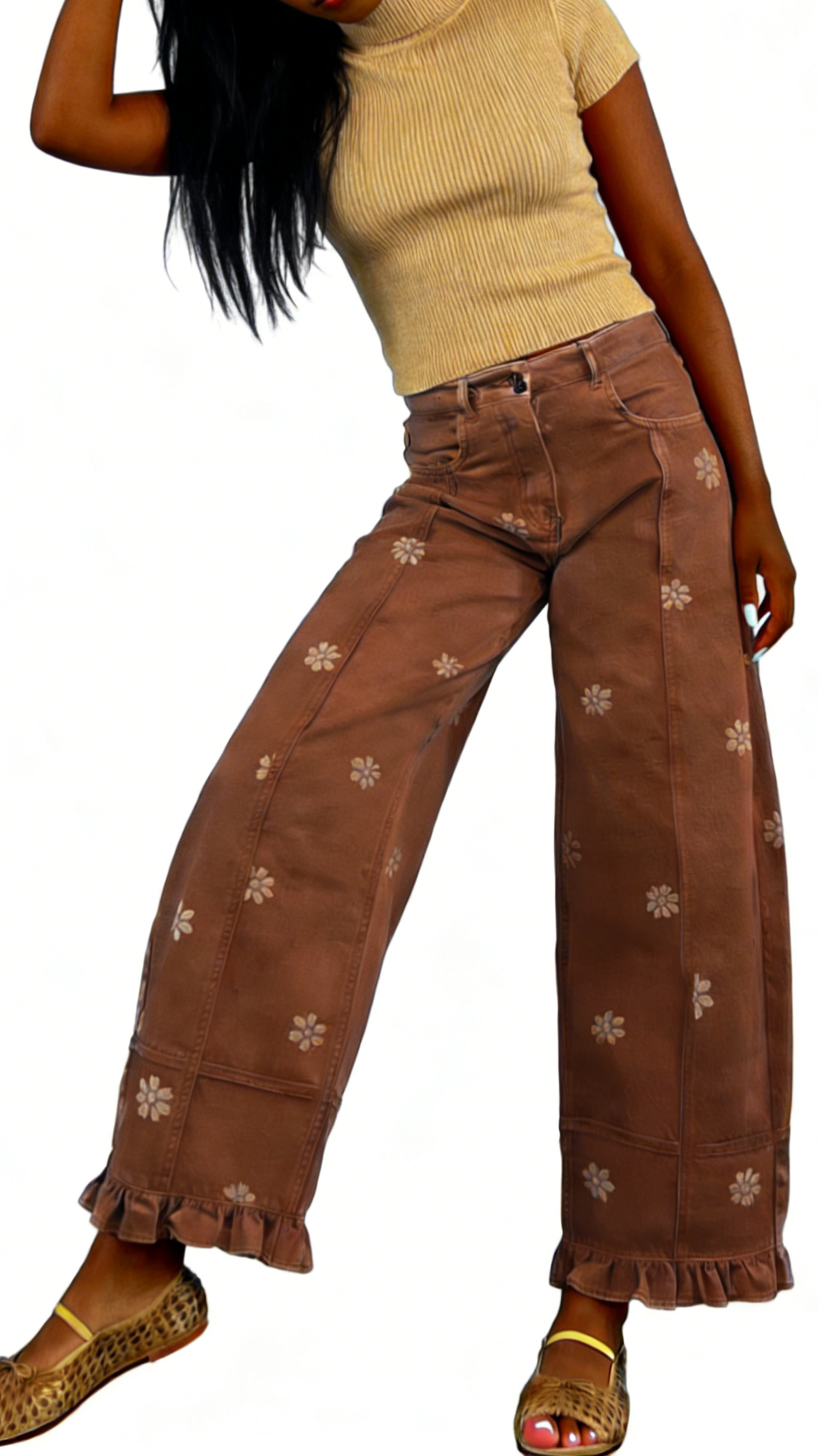 Chouyatou Barrel Jeans Women Floral Print Wide Leg Jeans Y2k Patchwork Baggy Boyfriend Denim Pants