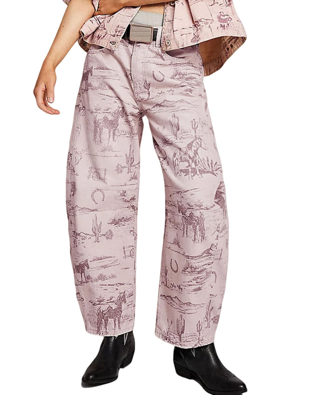 Chouyatou Women Boyfriend Baggy Barrel Jeans Floral Print Denim Ankle Pants Wide Leg Mid Rise Jeans Sweatpants Y2k Patchwork