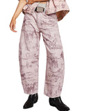 chouyatou Women Boyfriend Baggy Barrel Jeans Floral Print Denim Ankle Pants Wide Leg Mid Rise Jeans Sweatpants Y2k Patchwork