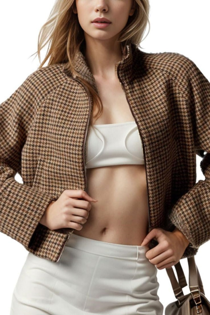 Chouyatou Women Cropped Wool Jacket Houndstooth Plaid Fall Winter Peacoat Outwear