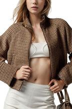 Chouyatou Women Cropped Wool Jacket Houndstooth Plaid Fall Winter Peacoat Outwear