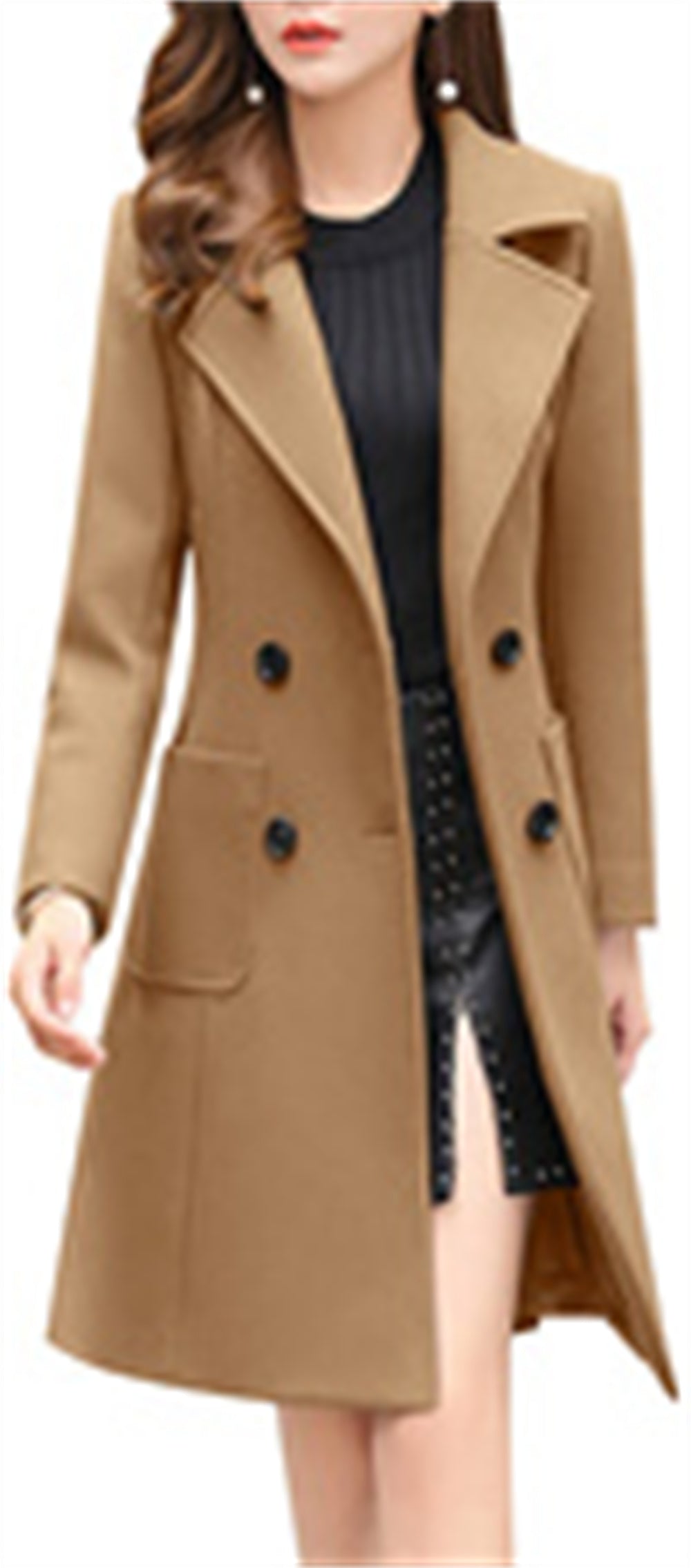 Chouyatou Women Elegant Notched Collar Double Breasted Wool Blend Over Coat