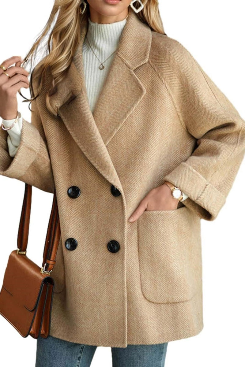 Chouyatou Women Wool Coat Peacoat Jacket Thick Loose Double Breasted Pea Coat Woolen Winter Overcoat