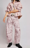 chouyatou Women Boyfriend Baggy Barrel Jeans Floral Print Denim Ankle Pants Wide Leg Mid Rise Jeans Sweatpants Y2k Patchwork