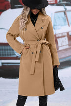 Chouyatou Womens Long Wool Pea Coat Notched Lapel Double Breasted Trench Coat Winter Warm Overcoat with Belt