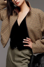Chouyatou Women Cropped Wool Jacket Houndstooth Plaid Fall Winter Peacoat Outwear