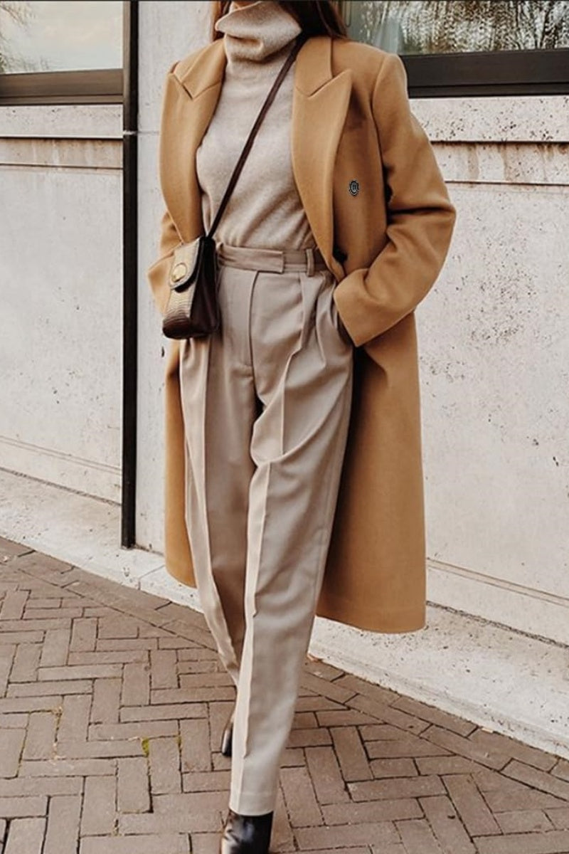Chouyatou Women's Double Breasted Wool Coat Notched Lapel Collar Winter Pea Coat Overcoat Long Jackets