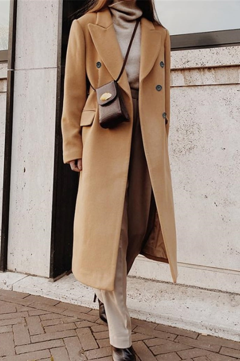 Chouyatou Women's Double Breasted Wool Coat Notched Lapel Collar Winter Pea Coat Overcoat Long Jackets