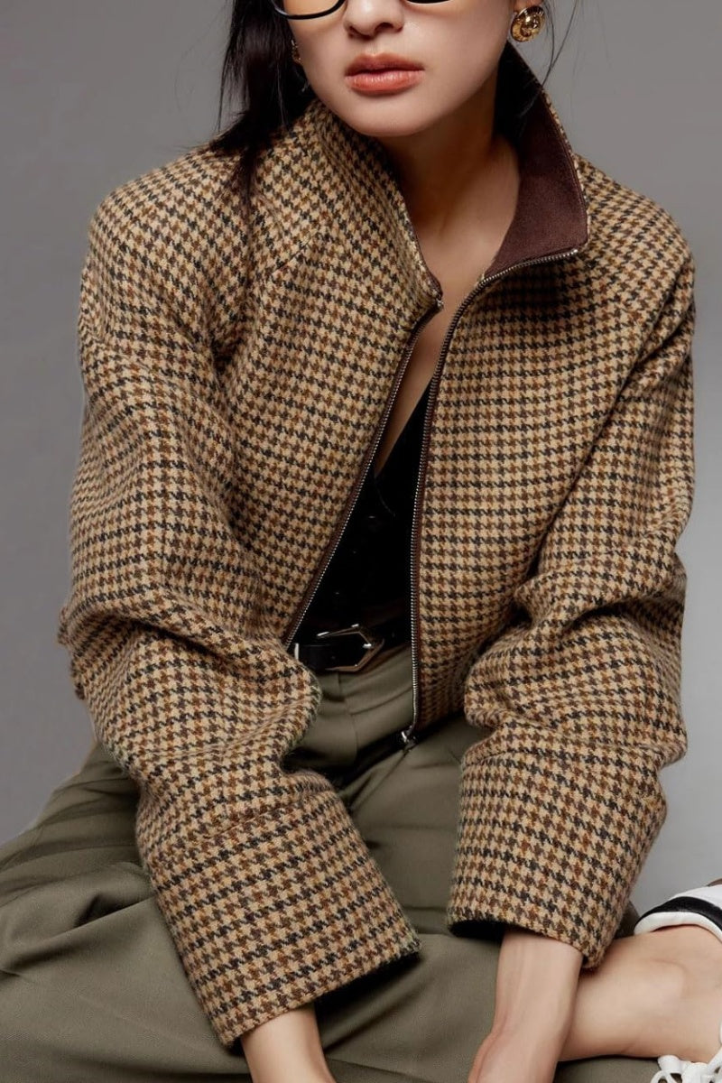 Chouyatou Women Cropped Wool Jacket Houndstooth Plaid Fall Winter Peacoat Outwear