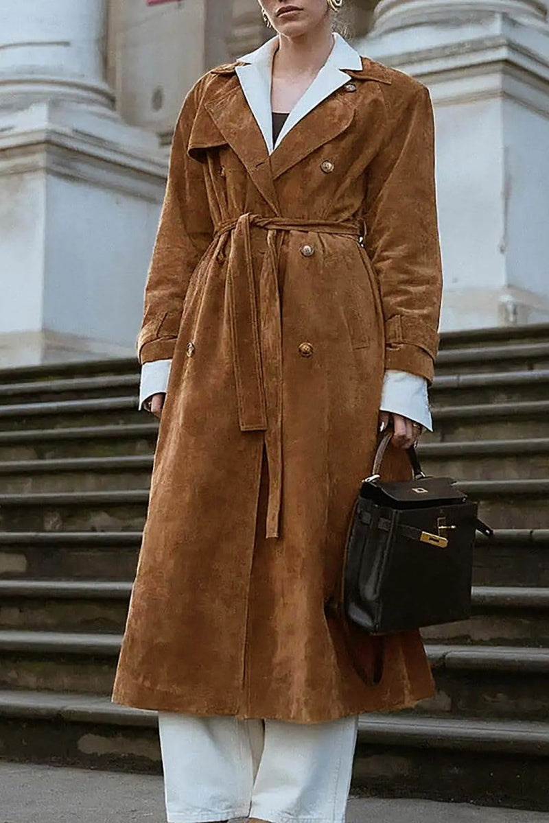 Chouyatou Womens Faux Suede Long Trench Coat Notched Lapel Double Breasted Pea Coat Overcoat with Belt