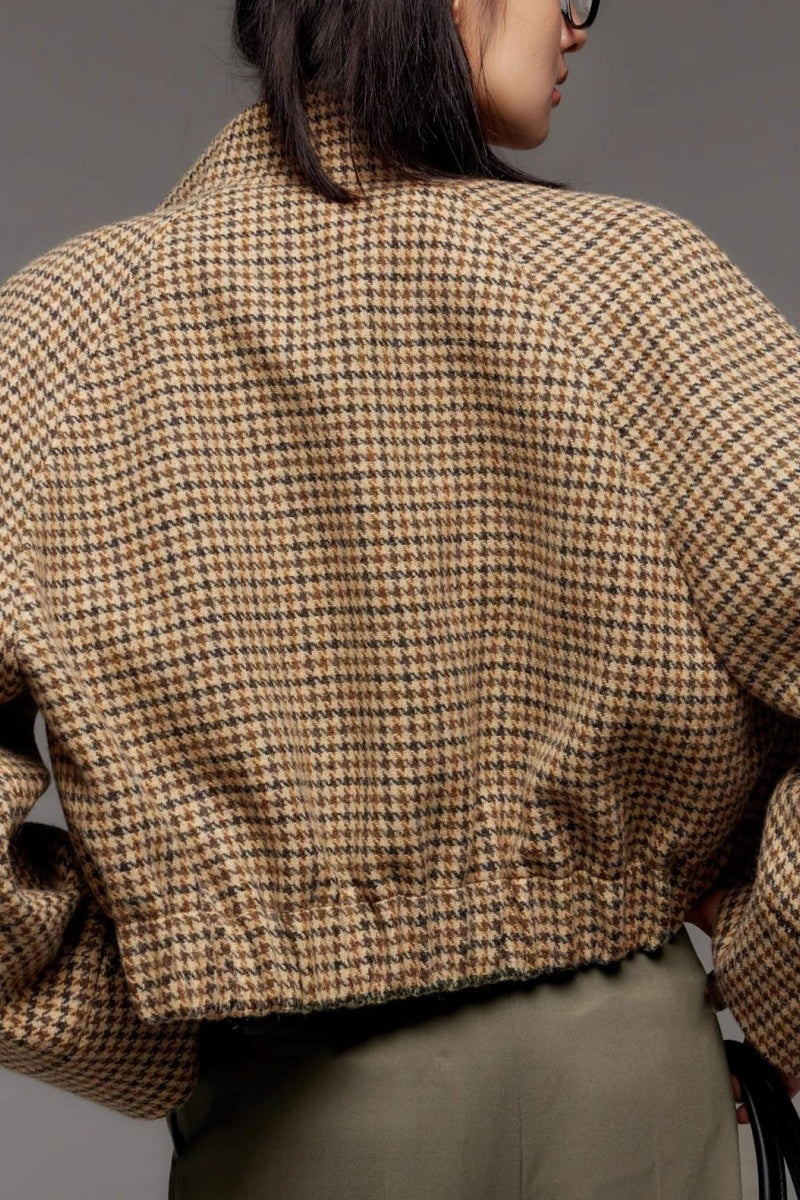 Chouyatou Women Cropped Wool Jacket Houndstooth Plaid Fall Winter Peacoat Outwear