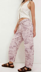 Chouyatou Women Boyfriend Baggy Barrel Jeans Floral Print Denim Ankle Pants Wide Leg Mid Rise Jeans Sweatpants Y2k Patchwork
