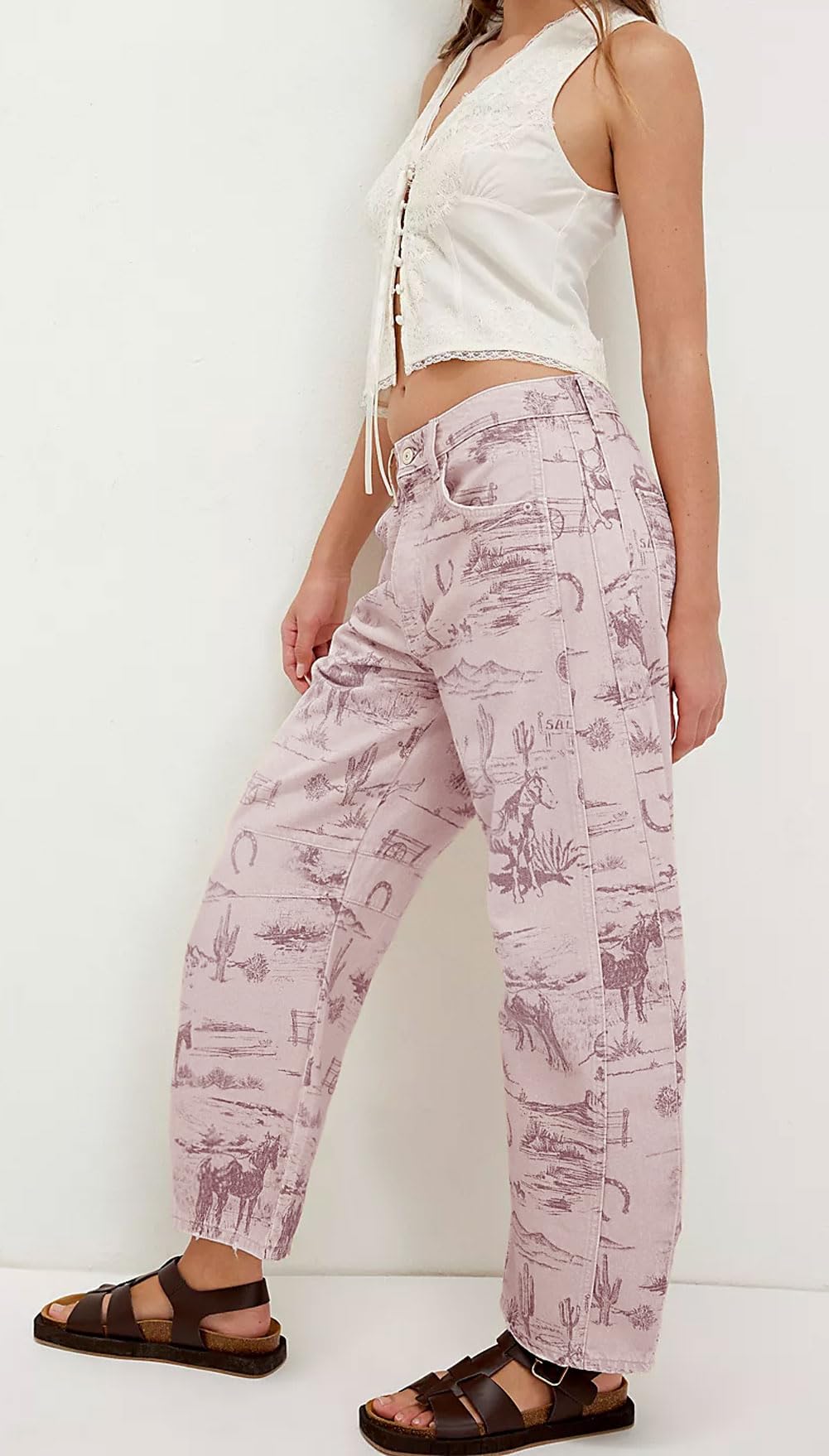 Chouyatou Women Boyfriend Baggy Barrel Jeans Floral Print Denim Ankle Pants Wide Leg Mid Rise Jeans Sweatpants Y2k Patchwork