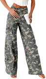 Chouyatou Women Casual Camo Print Denim Pants Y2k Wide Leg Cargo Jeans Flare Distressed Camouflage Jeans Sweatpants Pockets