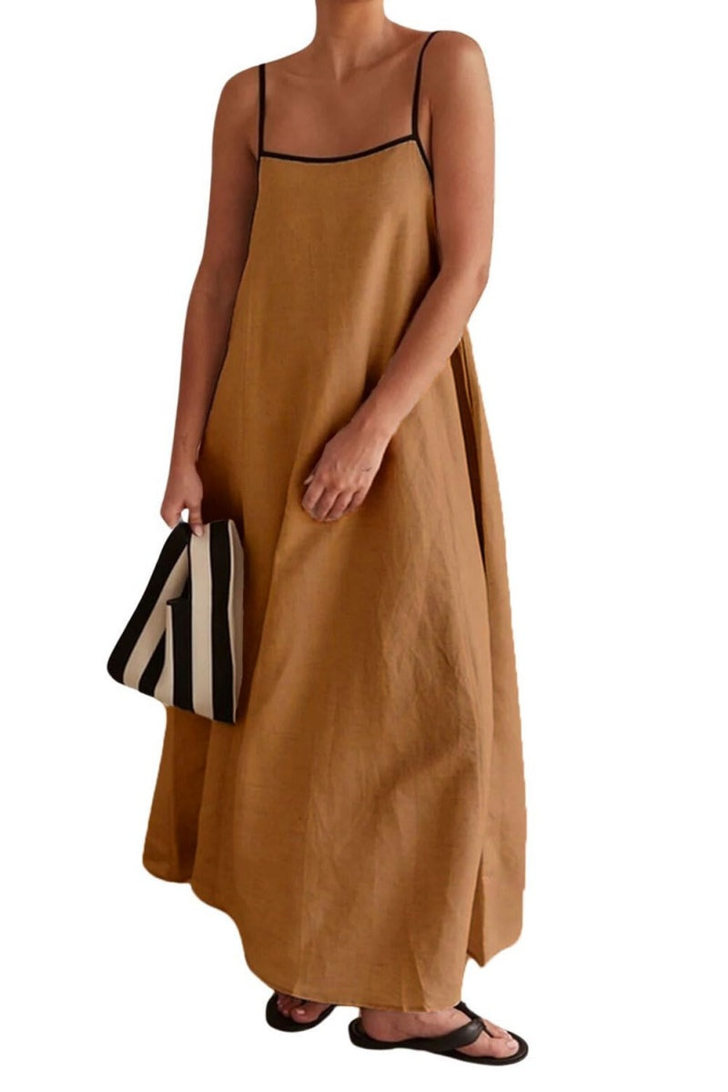Chouyatou Women Summer Spaghetti Straps Linen Sleeveless Maxi Long Flowy Dress