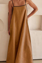 Chouyatou Women Summer Spaghetti Straps Linen Sleeveless Maxi Long Flowy Dress