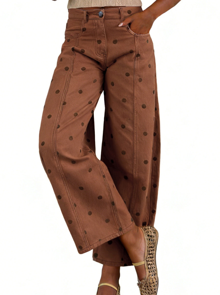 CHOUYATOU Women's Polka Dot Pattern Barrel Jeans Boyfriend Y2K Casual Mid Rise Wide Leg Denim Pants