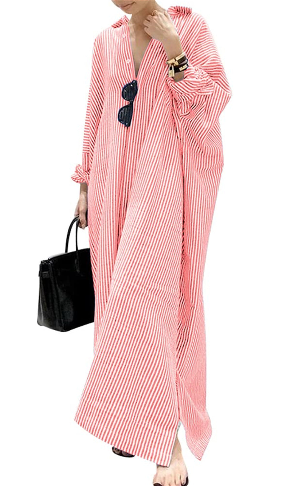 PPKOOD Women's Casual Long Sleeve Button Down Loose Striped Cotton Maxi Shirt Dress